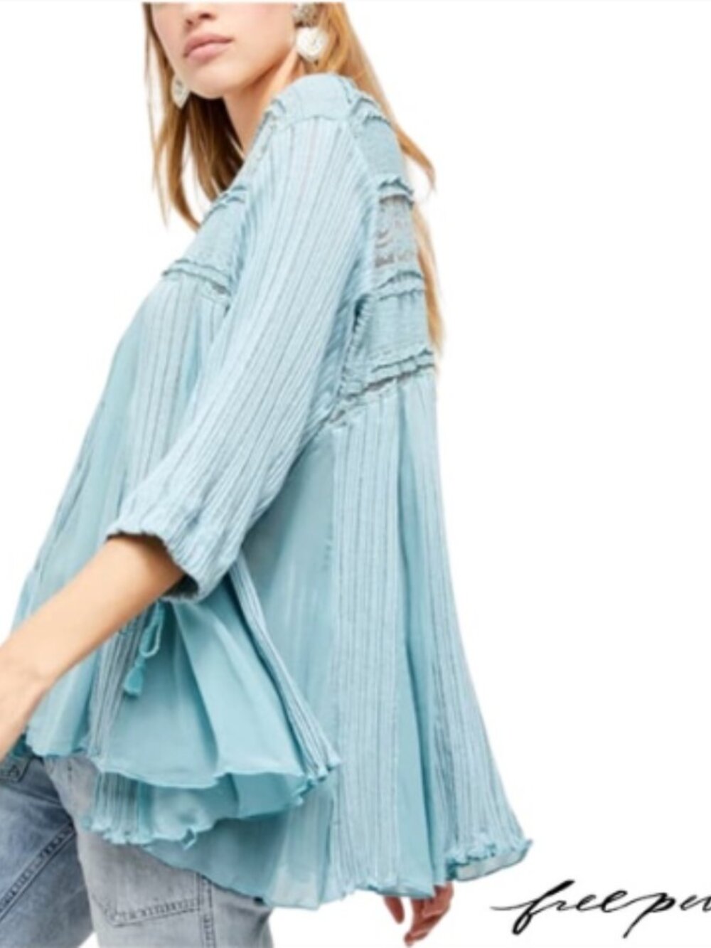 Free People Penny Lane Blue Tunic Top Blouse Lace Oversized Flowy Boho Small - Picture 3 of 14
